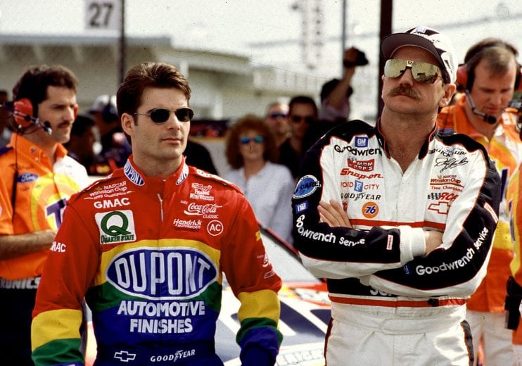 1996: Jeff Gordon and Dale Earnhardt before a NASCAR Cup race. (Photo by ISC Images & Archives via Getty Images)