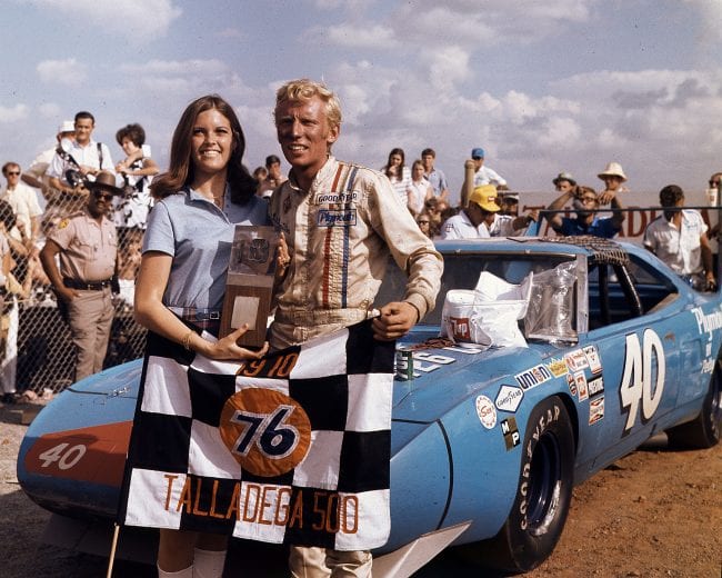 TALLADEGA, AL — October 23, 1970:  Pete Hamilton in victory lane at Alabama International Motor Speedway after winning the Talladega 500 NASCAR Cup race.  The victory gave Hamilton and Petty Enterprises a sweep of the Talladega events, as Hamilton had also won the Winston 500 earlier in the season.  (Photo by ISC Images & Archives via Getty Images)