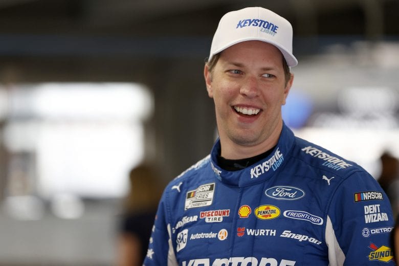 CONCORD, NORTH CAROLINA - MAY 28: Brad Keselowski, driver of the #2 Keystone Light Ford, talks to the media in the garage area during practice for the NASCAR Cup Series Coca-Cola 600 at Charlotte Motor Speedway on May 28, 2021 in Concord, North Carolina. (Photo by Maddie Meyer/Getty Images) | Getty Images