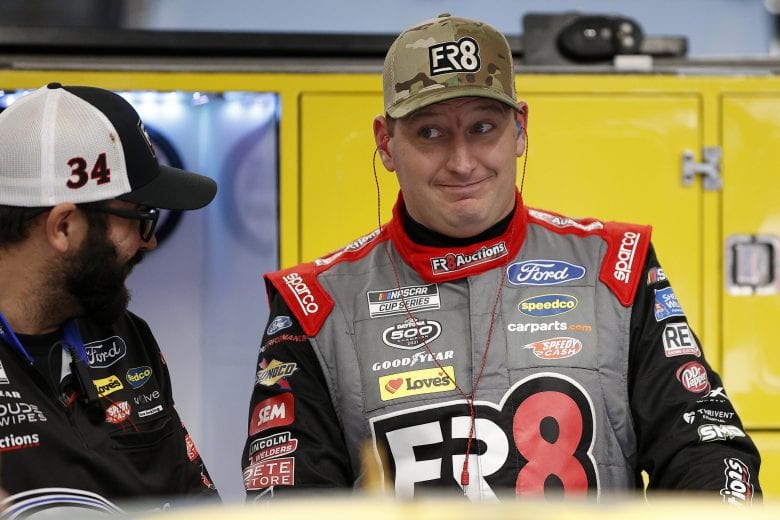 CONCORD, NORTH CAROLINA - MAY 28: Michael McDowell, driver of the #34 Fr8Auctions Ford, talks in the garage area during practice for the NASCAR Cup Series Coca-Cola 600 at Charlotte Motor Speedway on May 28, 2021 in Concord, North Carolina. (Photo by Maddie Meyer/Getty Images) | Getty Images
