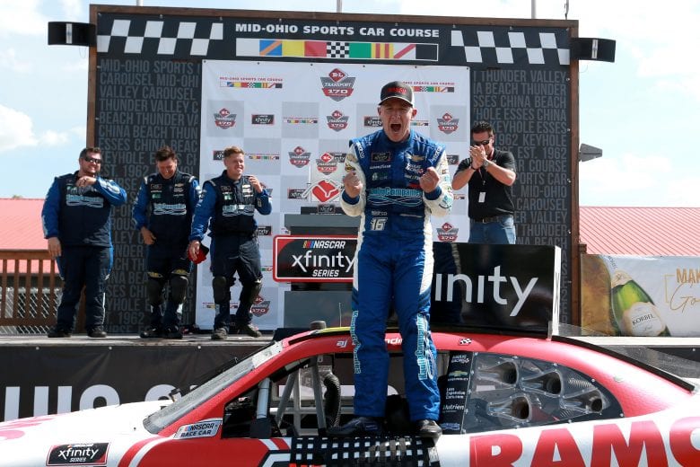LEXINGTON, OHIO - JUNE 05: AJ Allmendinger, driver of the #16 RAMCO Specialties Inc Chevrolet, celebrates in victory lane after winning the NASCAR Xfinity Series B&L Transport 170 at Mid-Ohio Sports Car Course on June 05, 2021 in Lexington, Ohio. (Photo by Sean Gardner/Getty Images) | Getty Images