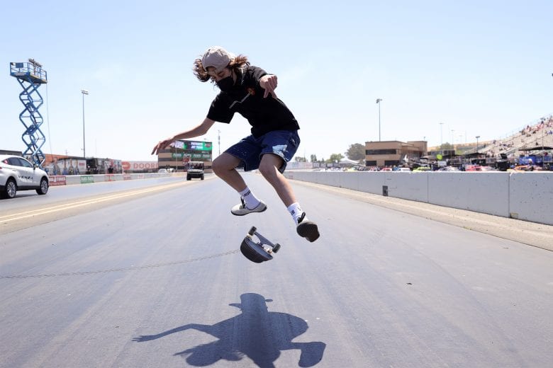 SONOMA, CALIFORNIA - JUNE 06: Skateboarder Minna Stess performs on the grid prior to the NASCAR Cup Series Toyota/Save Mart 350 at Sonoma Raceway on June 06, 2021 in Sonoma, California. (Photo by Carmen Mandato/Getty Images) | Getty Images
