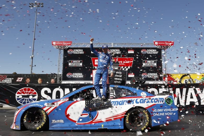SONOMA, CALIFORNIA - JUNE 06: Kyle Larson, driver of the #5 HendrickCars.com Chevrolet, celebrates in victory lane after winning the NASCAR Cup Series Toyota/Save Mart 350 at Sonoma Raceway on June 06, 2021 in Sonoma, California. (Photo by Maddie Meyer/Getty Images) | Getty Images