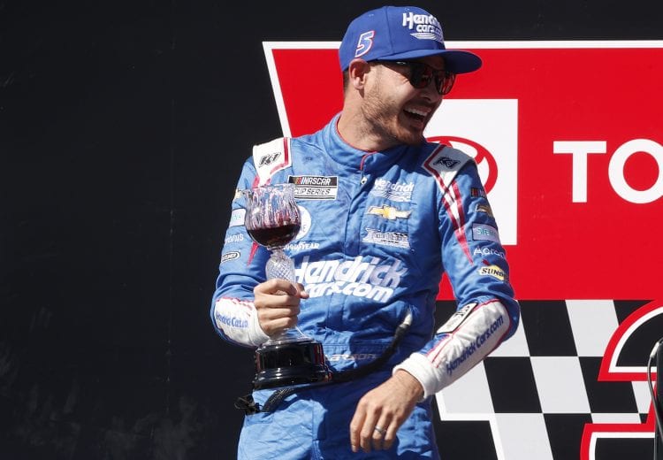 SONOMA, CALIFORNIA - JUNE 06: Kyle Larson, driver of the #5 HendrickCars.com Chevrolet, celebrates in victory lane after winning the NASCAR Cup Series Toyota/Save Mart 350 at Sonoma Raceway on June 06, 2021 in Sonoma, California. (Photo by Maddie Meyer/Getty Images) | Getty Images