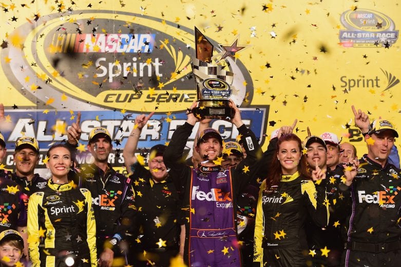CHARLOTTE, NC - MAY 16:  Denny Hamlin, driver of the #11 FedEx Express Toyota, celebrates in victory lane after winning the NASCAR Sprint Cup Series Sprint All-Star Race at Charlotte Motor Speedway on May 16, 2015 in Charlotte, North Carolina.  (Photo by Jared C. Tilton/Getty Images) | Getty Images