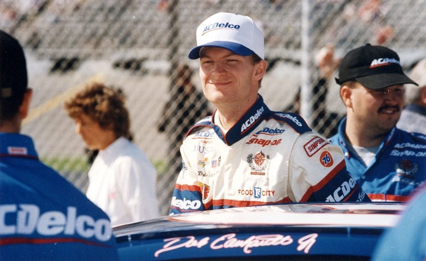 1998:  Dale Earnhardt, Jr. readies himself for another race in the 1998 NASCAR Busch Series. Junior's success in winning the1998 Busch Series points championship moved him into a part-time NASCAR Nextel Cup ride with Dale Earnhardt, Inc. for 1999 and then a full-season schedule in 2000.  (Photo by ISC Archives/CQ-Roll Call Group via Getty Images)