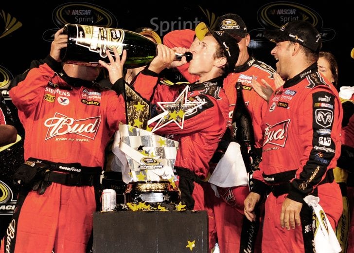 CONCORD, NC - MAY 17:  Kasey Kahne, driver of the #9 Budweiser Dodge, celebrates in victory lane after winning the NASCAR Sprint All-Star Race on May 17, 2008 at Lowe's Motor Speedway in Concord, North Carolina.  (Photo by Rusty Jarrett/Getty Images for NASCAR) | Getty Images