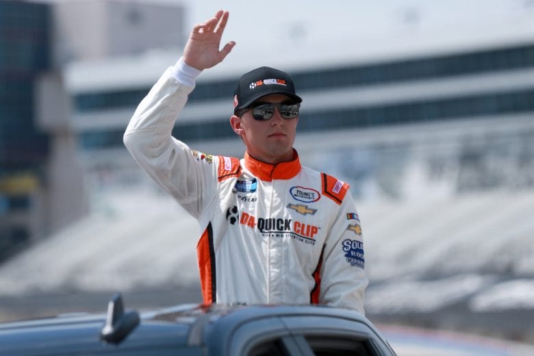 FORT WORTH, TEXAS - JUNE 12: Tate Fogleman, driver of the #12 Da-Quick Clip/RANDCO Chevrolet,waves to fans during a ride-around prior to the NASCAR Camping World Truck Series SpeedyCash.com 220 at Texas Motor Speedway on June 12, 2021 in Fort Worth, Texas. (Photo by Sean Gardner/Getty Images) | Getty Images