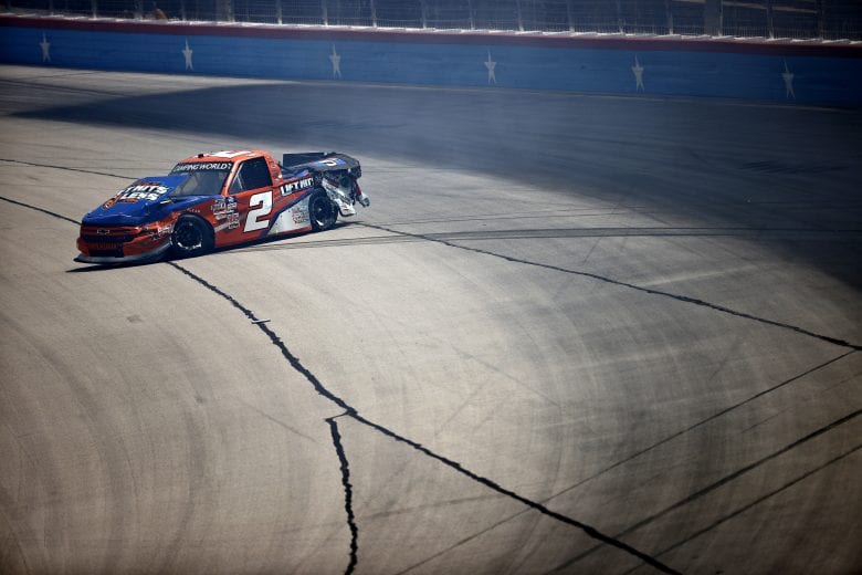 FORT WORTH, TEXAS - JUNE 12: Sheldon Creed, driver of the #2 Liftkits4less.com Chevrolet, sits in his damaged car after an on-track incident during the NASCAR Camping World Truck Series SpeedyCash.com 220 at Texas Motor Speedway on June 12, 2021 in Fort Worth, Texas. (Photo by Jared C. Tilton/Getty Images) | Getty Images