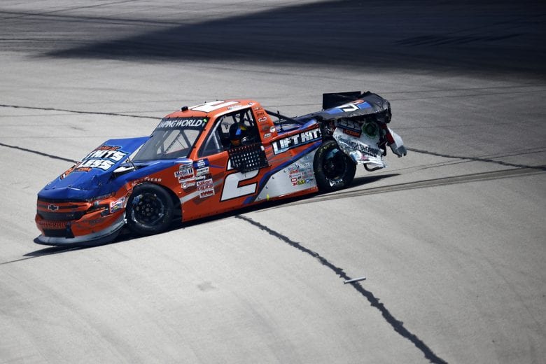 FORT WORTH, TEXAS - JUNE 12: Sheldon Creed, driver of the #2 Liftkits4less.com Chevrolet, sits in his damaged car after an on-track incident during the NASCAR Camping World Truck Series SpeedyCash.com 220 at Texas Motor Speedway on June 12, 2021 in Fort Worth, Texas. (Photo by Jared C. Tilton/Getty Images) | Getty Images