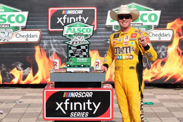 FORT WORTH, TEXAS - JUNE 12: Kyle Busch, driver of the #54 Twix Toyota, celebrates in victory lane after winning the NASCAR Xfinity Series Alsco Uniforms 250 at Texas Motor Speedway on June 12, 2021 in Fort Worth, Texas. (Photo by Carmen Mandato/Getty Images) | Getty Images
