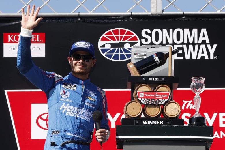 SONOMA, CALIFORNIA - JUNE 06: Kyle Larson, driver of the #5 HendrickCars.com Chevrolet, celebrates in victory lane after winning the NASCAR Cup Series Toyota/Save Mart 350 at Sonoma Raceway on June 06, 2021 in Sonoma, California. (Photo by Maddie Meyer/Getty Images) | Getty Images