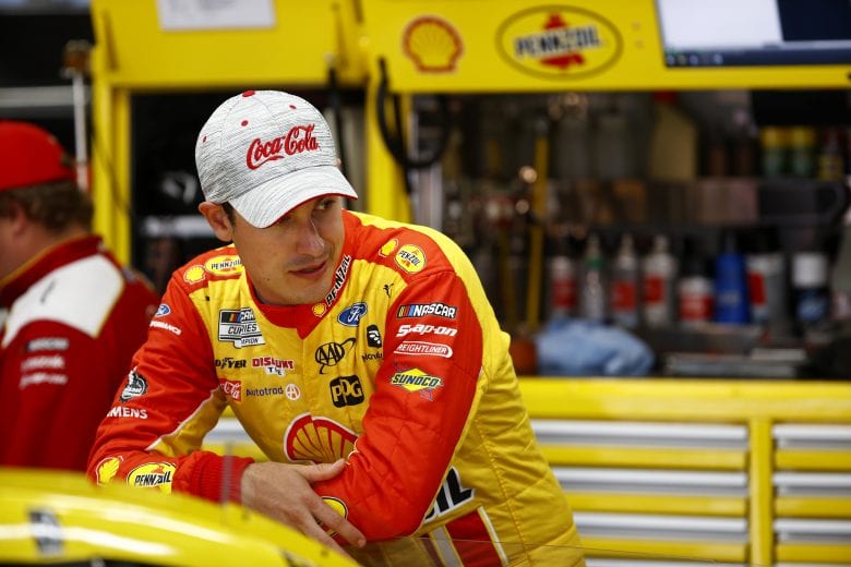 CONCORD, NORTH CAROLINA - MAY 28: Joey Logano, driver of the #22 Shell Pennzoil Ford, waits in the garage area during practice for the NASCAR Cup Series Coca-Cola 600 at Charlotte Motor Speedway on May 28, 2021 in Concord, North Carolina. (Photo by Jared C. Tilton/Getty Images) | Getty Images