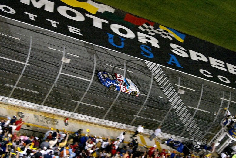 CONCORD, NC - MAY 21: Mark Martin, driver of the #6 Viagra Ford, crosses the finish line to win the NASCAR Nextel Cup All-Star Challenge at Lowe's Motor Speedway on May 21, 2005 in Concord, North Carolina. (Photo by Craig Jones/Getty Images) | Getty Images