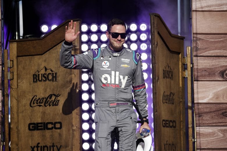 FORT WORTH, TEXAS - JUNE 13: Alex Bowman, driver of the #48 Ally Chevrolet, waves to fans on stage during driver intros prior to the NASCAR All-Star Race at Texas Motor Speedway on June 13, 2021 in Fort Worth, Texas. (Photo by Chris Graythen/Getty Images) | Getty Images