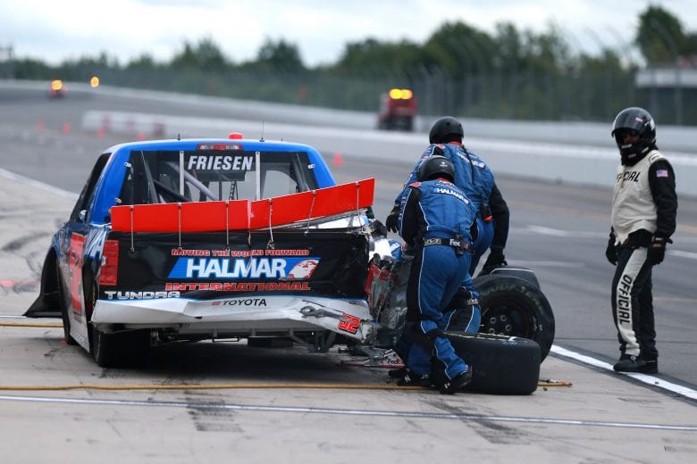 LONG POND, PENNSYLVANIA - JUNE 26: Stewart Friesen, driver of the #52 Halmar International Toyota, pits a damaged truck during the NASCAR Camping World Truck Series CRC Brakleen 150 at Pocono Raceway on June 26, 2021 in Long Pond, Pennsylvania. (Photo by Sean Gardner/Getty Images) | Getty Images