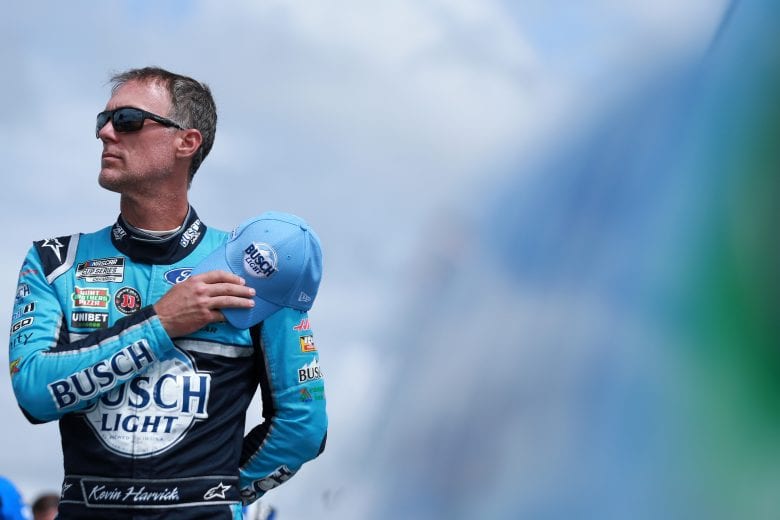 LONG POND, PENNSYLVANIA - JUNE 26: Kevin Harvick, driver of the #4 Ford, stands during the national anthem prior to the NASCAR Cup Series Pocono Organics CBD 325 at Pocono Raceway on June 26, 2021 in Long Pond, Pennsylvania. (Photo by Sean Gardner/Getty Images) | Getty Images
