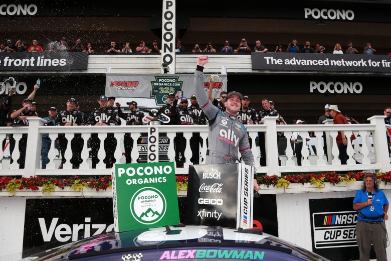LONG POND, PENNSYLVANIA - JUNE 26: Alex Bowman, driver of the #48 Ally Chevrolet, celebrates in victory lane after winning the NASCAR Cup Series Pocono Organics CBD 325 at Pocono Raceway on June 26, 2021 in Long Pond, Pennsylvania. (Photo by Sean Gardner/Getty Images) | Getty Images