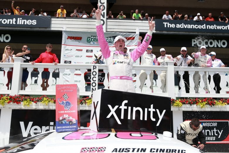 LONG POND, PENNSYLVANIA - JUNE 27: Austin Cindric, driver of the #22 Car Shop Ford, celebrates in victory lane after winning the NASCAR Xfinity Series Pocono Green 225 Recycled by J.P. Mascaro & Sons at Pocono Raceway on June 27, 2021 in Long Pond, Pennsylvania. (Photo by Sean Gardner/Getty Images) | Getty Images