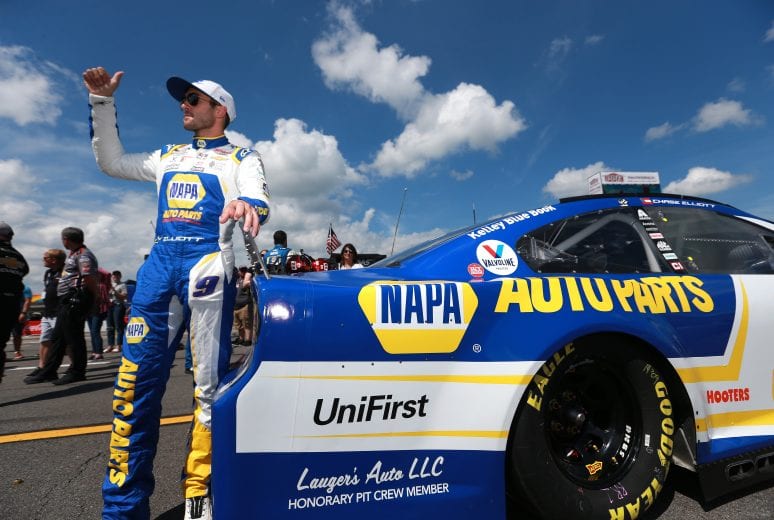 LONG POND, PENNSYLVANIA - JUNE 27: Chase Elliott, driver of the #9 NAPA Auto Parts Chevrolet, gives a thumbs up on the grid prior to the NASCAR Cup Series Explore the Pocono Mountains 350 at Pocono Raceway on June 27, 2021 in Long Pond, Pennsylvania. (Photo by Sean Gardner/Getty Images) | Getty Images