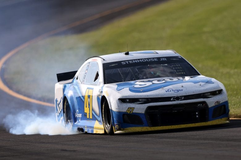 LONG POND, PENNSYLVANIA - JUNE 27: Smoke billows from Ricky Stenhouse Jr., driver of the #47 Scott Brand Chevrolet, after an on-track incident during the NASCAR Cup Series Explore the Pocono Mountains 350 at Pocono Raceway on June 27, 2021 in Long Pond, Pennsylvania. (Photo by James Gilbert/Getty Images) | Getty Images