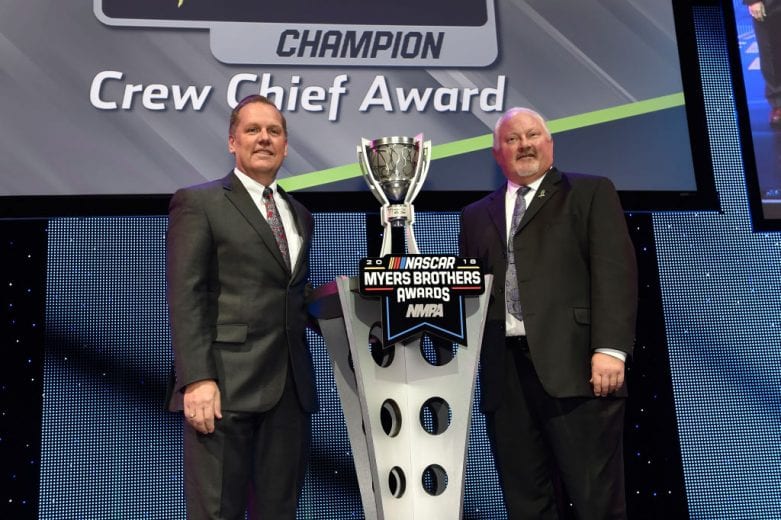 LAS VEGAS, NV - NOVEMBER 28:  Todd Gordon, Crew Chief for Joey Logano in the #22 Team Penske Ford accepts the award for the Monster Energy NASCAR Cup Series Champion Crew Crew during the NASCAR NMPA Myers Brothers Awards at the Wynn Las Vegas on November 28, 2018 in Las Vegas, Nevada.  (Photo by David Becker/Getty Images) | Getty Images