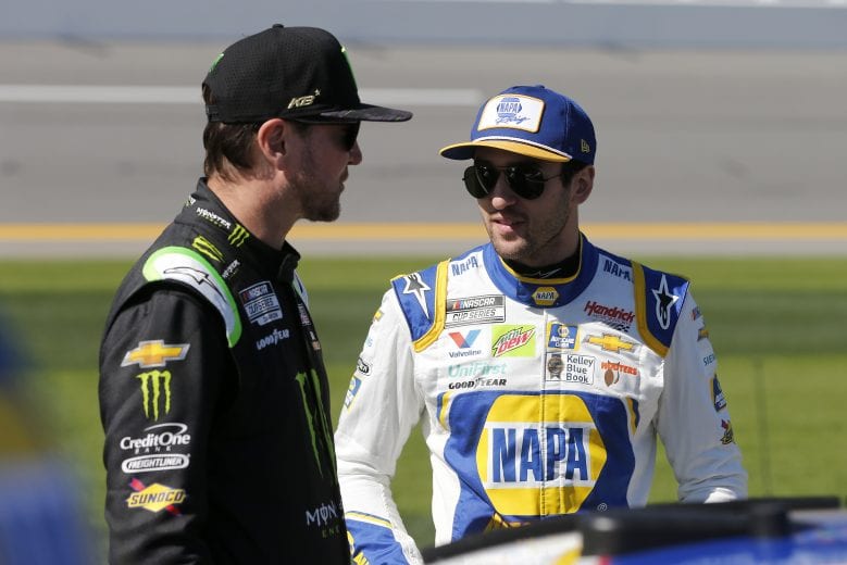 DAYTONA BEACH, FLORIDA - FEBRUARY 09: Kurt Busch, driver of the #1 Monster Energy Chevrolet, talks with Chase Elliott, driver of the #9 NAPA Auto Parts Chevrolet,  during qualifying for the NASCAR Cup Series 62nd Annual Daytona 500 at Daytona International Speedway on February 09, 2020 in Daytona Beach, Florida. (Photo by Brian Lawdermilk/Getty Images) | Getty Images