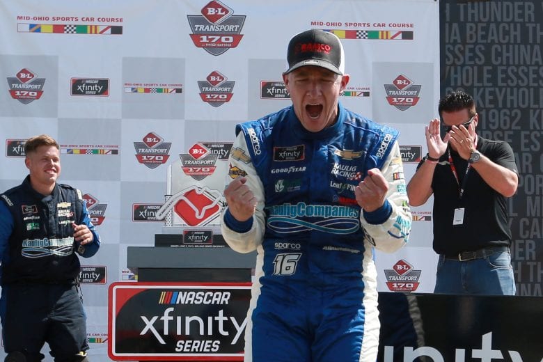LEXINGTON, OHIO - JUNE 05: AJ Allmendinger, driver of the #16 RAMCO Specialties Inc Chevrolet, celebrates in victory lane after winning the NASCAR Xfinity Series B&L Transport 170 at Mid-Ohio Sports Car Course on June 05, 2021 in Lexington, Ohio. (Photo by Sean Gardner/Getty Images) | Getty Images
