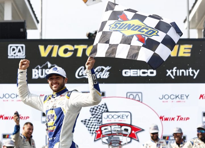 ELKHART LAKE, WISCONSIN - JULY 04: Chase Elliott, driver of the #9 NAPA Auto Parts Chevrolet, celebrates in victory lane after winning the NASCAR Cup Series Jockey Made in America 250 Presented by Kwik Trip at Road America on July 04, 2021 in Elkhart Lake, Wisconsin. (Photo by Jared C. Tilton/Getty Images) | Getty Images