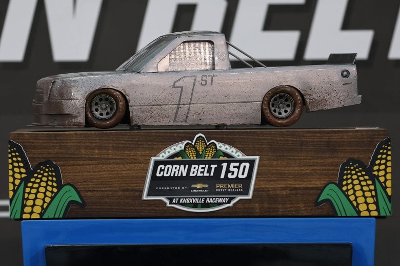 KNOXVILLE, IOWA - JULY 09: A detail of the the NASCAR Camping World Truck Series Corn Belt 150 presented by Premier Chevy Dealers trophy prior to the race at Knoxville Raceway on July 09, 2021 in Knoxville, Iowa. (Photo by James Gilbert/Getty Images) | Getty Images