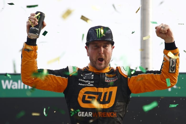 HAMPTON, GEORGIA - JULY 11: Kurt Busch, driver of the #1 GEARWRENCH Chevrolet, celebrates in victory lane after winning the NASCAR Cup Series Quaker State 400 presented by Walmart at Atlanta Motor Speedway on July 11, 2021 in Hampton, Georgia. (Photo by Jared C. Tilton/Getty Images) | Getty Images