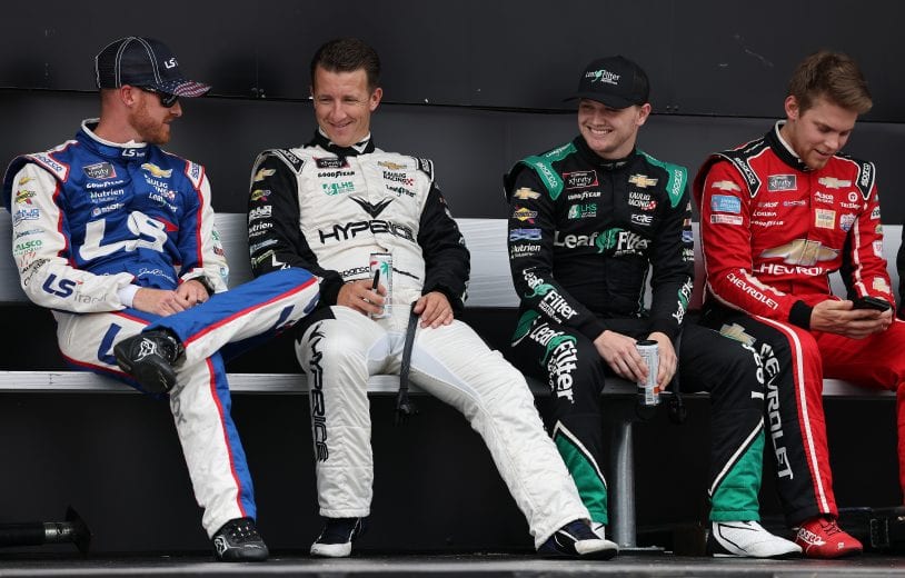 LOUDON, NEW HAMPSHIRE - JULY 17: (L-R) Jeb Burton, driver of the #10 LS Tractors Chevrolet, AJ Allmendinger, driver of the #16 Hyperice Chevrolet, Justin Haley, driver of the #11 LeafFilter Gutter Protection Chevrolet, and Myatt Snider, driver of the #2 Crosley Furniture Chevrolet, the NASCAR Xfinity Series Ambetter Get Vaccinated 200 at New Hampshire Motor Speedway on July 17, 2021 in Loudon, New Hampshire. (Photo by James Gilbert/Getty Images) | Getty Images