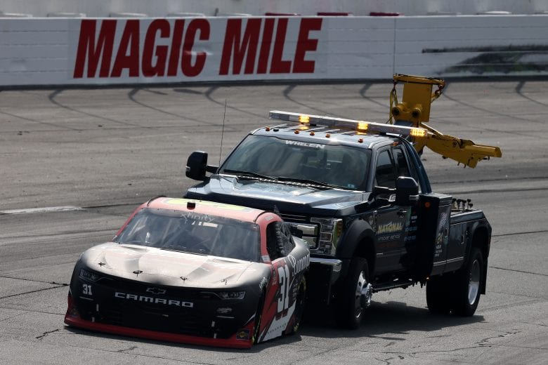 LOUDON, NEW HAMPSHIRE - JULY 17: Jordan Anderson, driver of the #31 Bommarito.com Chevrolet, was towed off the track during the NASCAR Xfinity Series Ambetter Get Vaccinated 200 at New Hampshire Motor Speedway on July 17, 2021 in Loudon, New Hampshire. (Photo by James Gilbert/Getty Images) | Getty Images