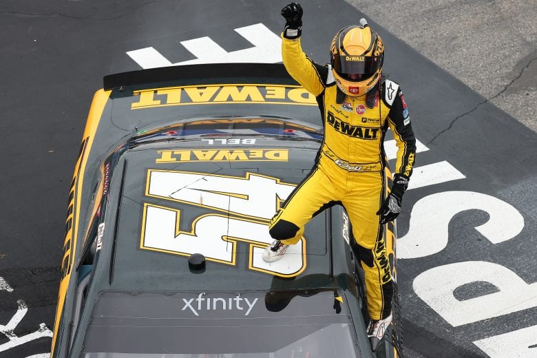 LOUDON, NEW HAMPSHIRE - JULY 17: Christopher Bell, driver of the #54 DEWALT Toyota,celebrates after winning the NASCAR Xfinity Series Ambetter Get Vaccinated 200 at New Hampshire Motor Speedway on July 17, 2021 in Loudon, New Hampshire. (Photo by James Gilbert/Getty Images) | Getty Images