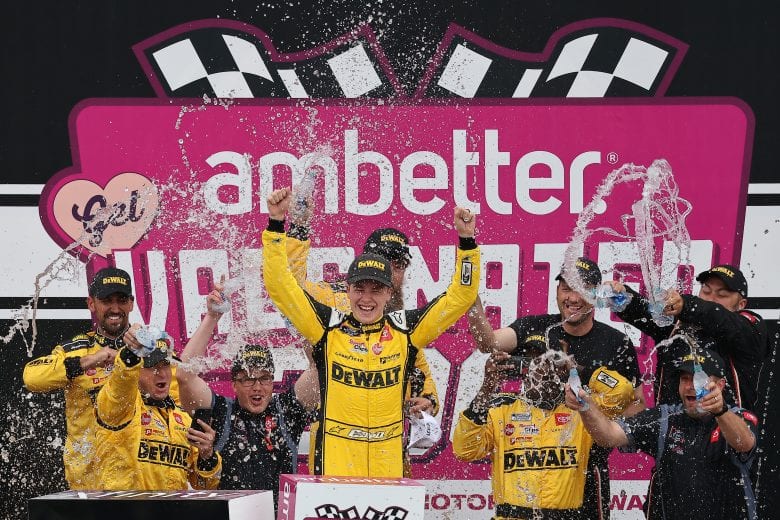 LOUDON, NEW HAMPSHIRE - JULY 17: Christopher Bell, driver of the #54 DEWALT Toyota,celebrates in victory lane after winning the NASCAR Xfinity Series Ambetter Get Vaccinated 200 at New Hampshire Motor Speedway on July 17, 2021 in Loudon, New Hampshire. (Photo by James Gilbert/Getty Images) | Getty Images