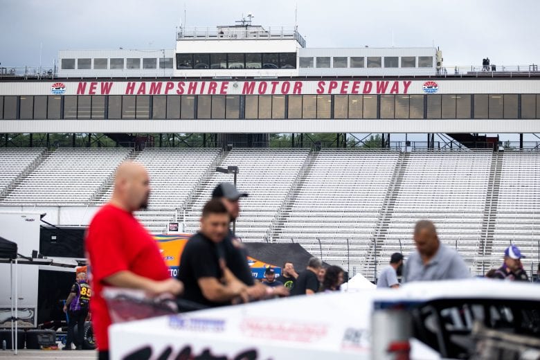 Crews get cars ready before start of the Whelen 100 for the NASCAR Whelen Modified Series at New Hampshire Motor Speedway in Loudon, New Hampshire on July 17, 2021. (Paul Rutherford/NASCAR)