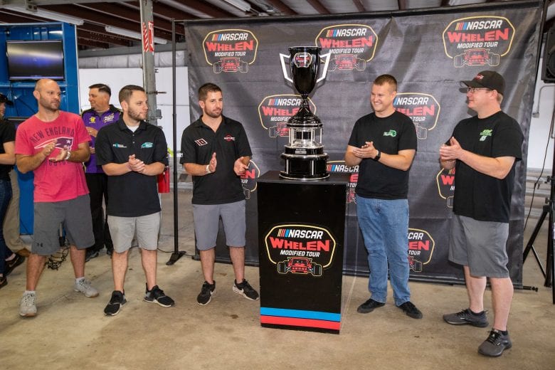 The new Whelen Champiionship Trophy is unveiled to the drivers during the Whelen 100 for the NASCAR Whelen Modified Series at New Hampshire Motor Speedway in Loudon, New Hampshire on July 17, 2021. (Paul Rutherford/NASCAR)