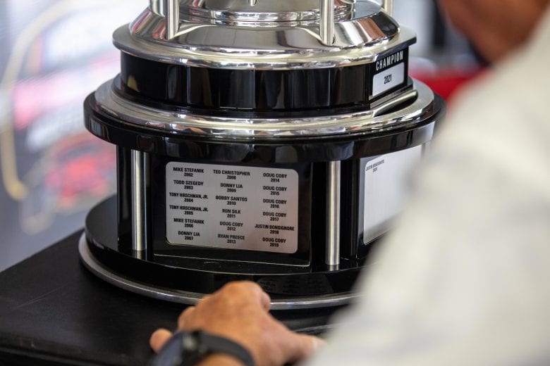 The new Whelen Champiionship Trophy is unveiled to the drivers during the Whelen 100 for the NASCAR Whelen Modified Series at New Hampshire Motor Speedway in Loudon, New Hampshire on July 17, 2021. (Paul Rutherford/NASCAR)