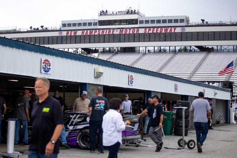 Crews get cars ready before start of the Whelen 100 for the NASCAR Whelen Modified Series at New Hampshire Motor Speedway in Loudon, New Hampshire on July 17, 2021. (Paul Rutherford/NASCAR)