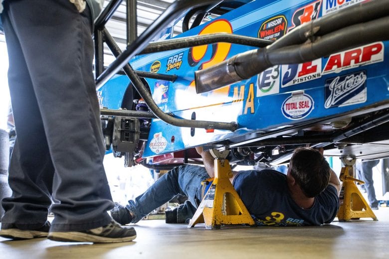 Crew for Matt Swanson, driver of the #3 Gershow Recycling Chevrolet, works on their car during the Whelen 100 for the NASCAR Whelen Modified Series at New Hampshire Motor Speedway in Loudon, New Hampshire on July 17, 2021. (Paul Rutherford/NASCAR)
