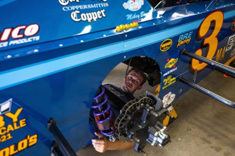 Crew of the #3 Gershow Recycling Chevrolet car works on their car during the Whelen 100 for the NASCAR Whelen Modified Series at New Hampshire Motor Speedway in Loudon, New Hampshire on July 17, 2021. (Paul Rutherford/NASCAR)