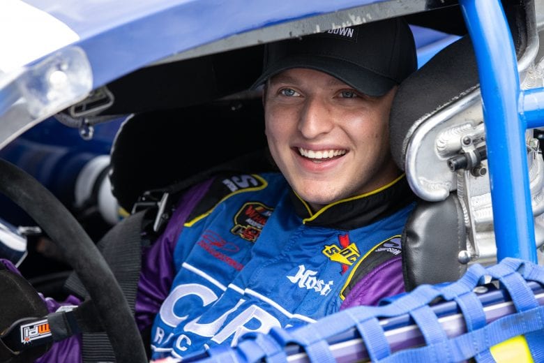 Max McLaighlin, driver of the #77 Curb Records Chevrolet, during the Whelen 100 for the NASCAR Whelen Modified Series at New Hampshire Motor Speedway in Loudon, New Hampshire on July 17, 2021. (Paul Rutherford/NASCAR)