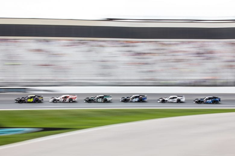 Ron Silk, driver of the #85 Stuarts Automotive Chevrolet, leads Ryan Preece, driver of the #6 Riverhead Raceway Chevrolet, and Justin Bonsignore, driver of the #51 Pheonix Communications Inc. Chevrolet, during the Whelen 100 for the NASCAR Whelen Modified Series at New Hampshire Motor Speedway in Loudon, New Hampshire on July 17, 2021. (Paul Rutherford/NASCAR)