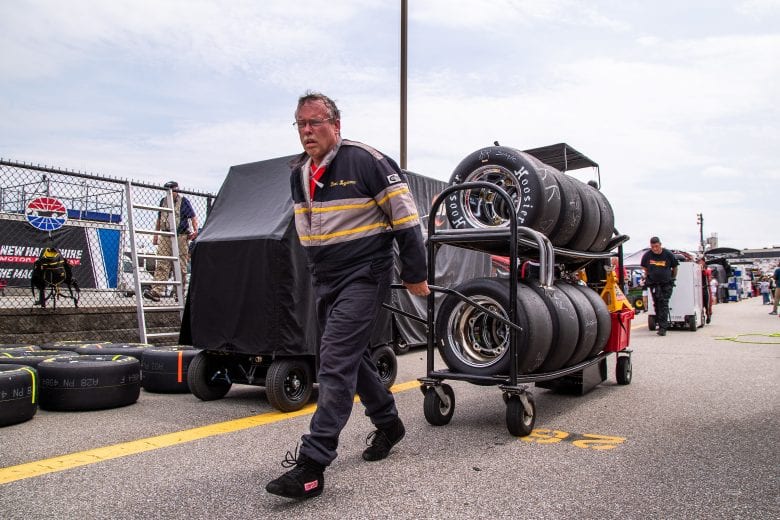 A crew member during the Whelen 100 for the NASCAR Whelen Modified Series at New Hampshire Motor Speedway in Loudon, New Hampshire on July 17, 2021. (Paul Rutherford/NASCAR)