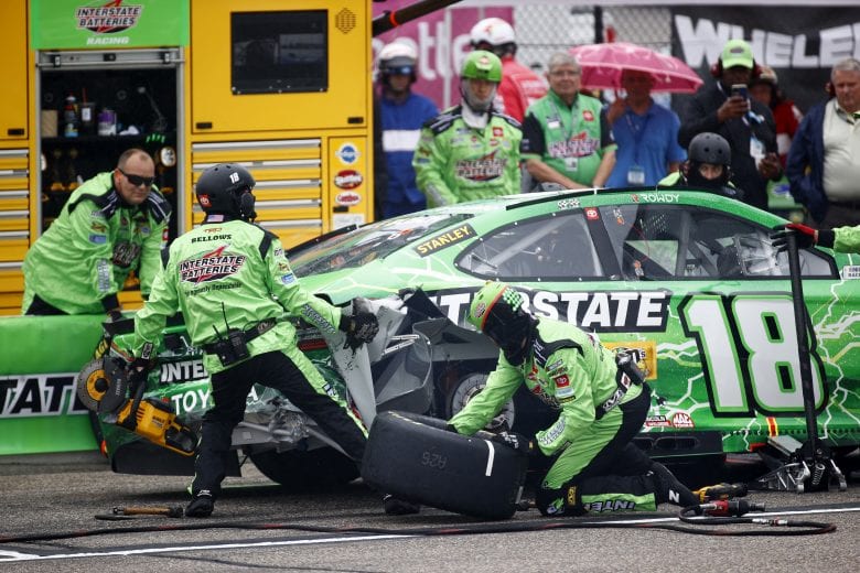 LOUDON, NEW HAMPSHIRE - JULY 18: The pit crew work to repair the #18 Interstate Batteries Toyota, driven by Kyle Busch during the NASCAR Cup Series Foxwoods Resort Casino 301 at New Hampshire Motor Speedway on July 18, 2021 in Loudon, New Hampshire. (Photo by Jared C. Tilton/Getty Images) | Getty Images