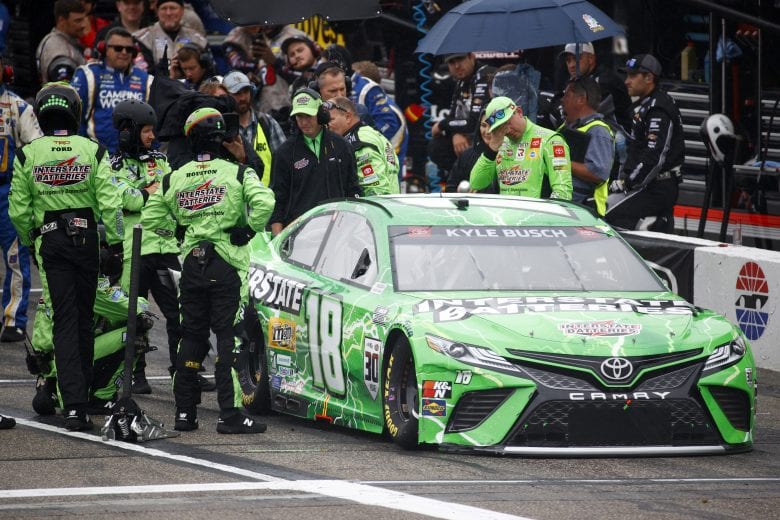 LOUDON, NEW HAMPSHIRE - JULY 18: The pit crew work to repair the #18 Interstate Batteries Toyota, driven by Kyle Busch during the NASCAR Cup Series Foxwoods Resort Casino 301 at New Hampshire Motor Speedway on July 18, 2021 in Loudon, New Hampshire. (Photo by Jared C. Tilton/Getty Images) | Getty Images