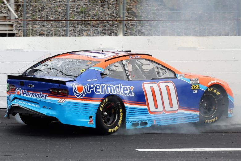 LOUDON, NEW HAMPSHIRE - JULY 18: Quin Houff, driver of the #00 Permatex Chevrolet, spins into the wall after an on-track incident during the NASCAR Cup Series Foxwoods Resort Casino 301 at New Hampshire Motor Speedway on July 18, 2021 in Loudon, New Hampshire. (Photo by James Gilbert/Getty Images) | Getty Images
