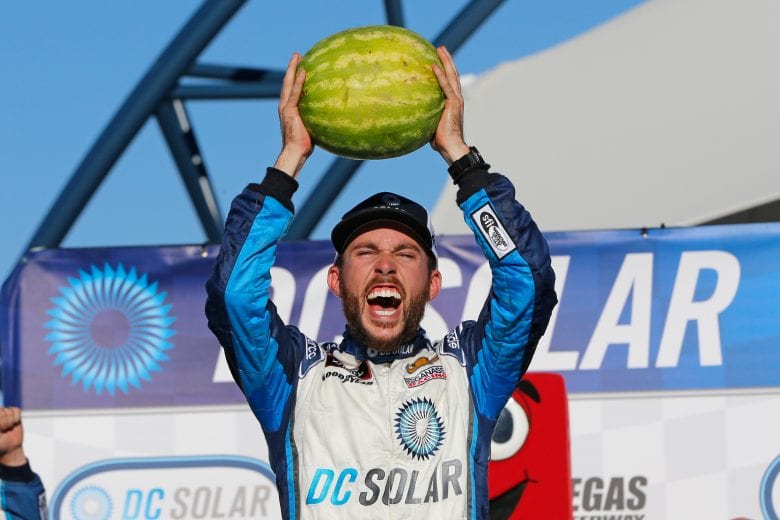 LAS VEGAS, NV - SEPTEMBER 15:  Ross Chastain, driver of the #42 DC Solar Chevrolet, celebrates in Victory Lane after winning the NASCAR Xfinity Series DC Solar 300 at Las Vegas Motor Speedway on September 15, 2018 in Las Vegas, Nevada.  (Photo by Jonathan Ferrey/Getty Images) | Getty Images