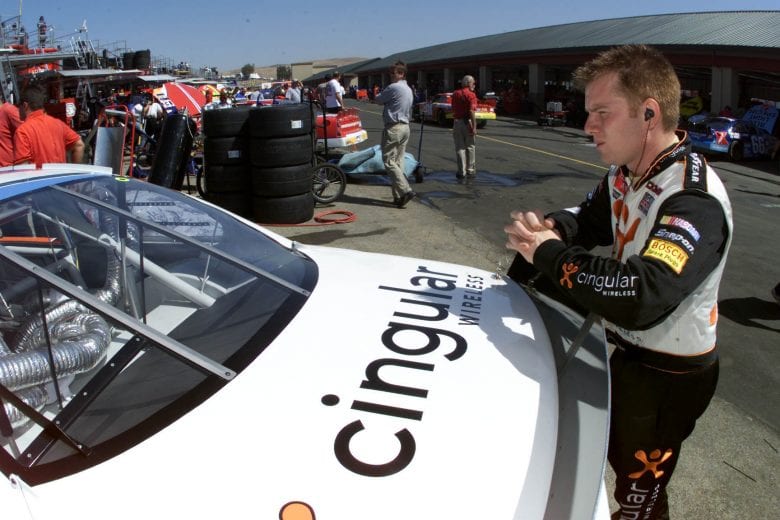 22 JUN 2001:  Jason Leffler leans up against his Ganassi Racing  Dodge Intrepid R/T during  the NASCAR Winston Cup Series Dodge Savemart 350 at sears Point Raceway in Sonoma, California. DIGITAL IMAGE.  Mandatory Credit: Jon Ferrey/Allsport