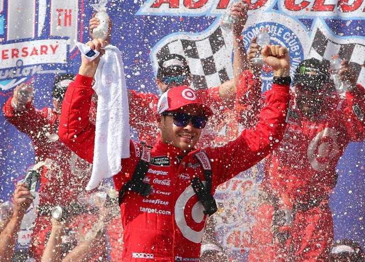 FONTANA, CA - MARCH 26:  Kyle Larson, driver of the #42 Target Chevrolet, celebrates in victory land after winning the Monster Energy NASCAR Cup Series Auto Club 400 at Auto Club Speedway on March 26, 2017 in Fontana, California.  (Photo by Sarah Crabill/Getty Images) | Getty Images